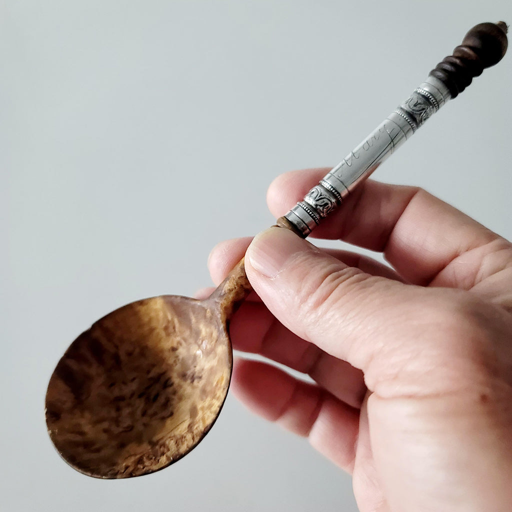 Antique Russian 84 Silver , Nicolay Kemper St. Petersburg c.1896–1908, Hand-Engraved  Rare Silver-Mounted Burlwood Spoon No.SS125