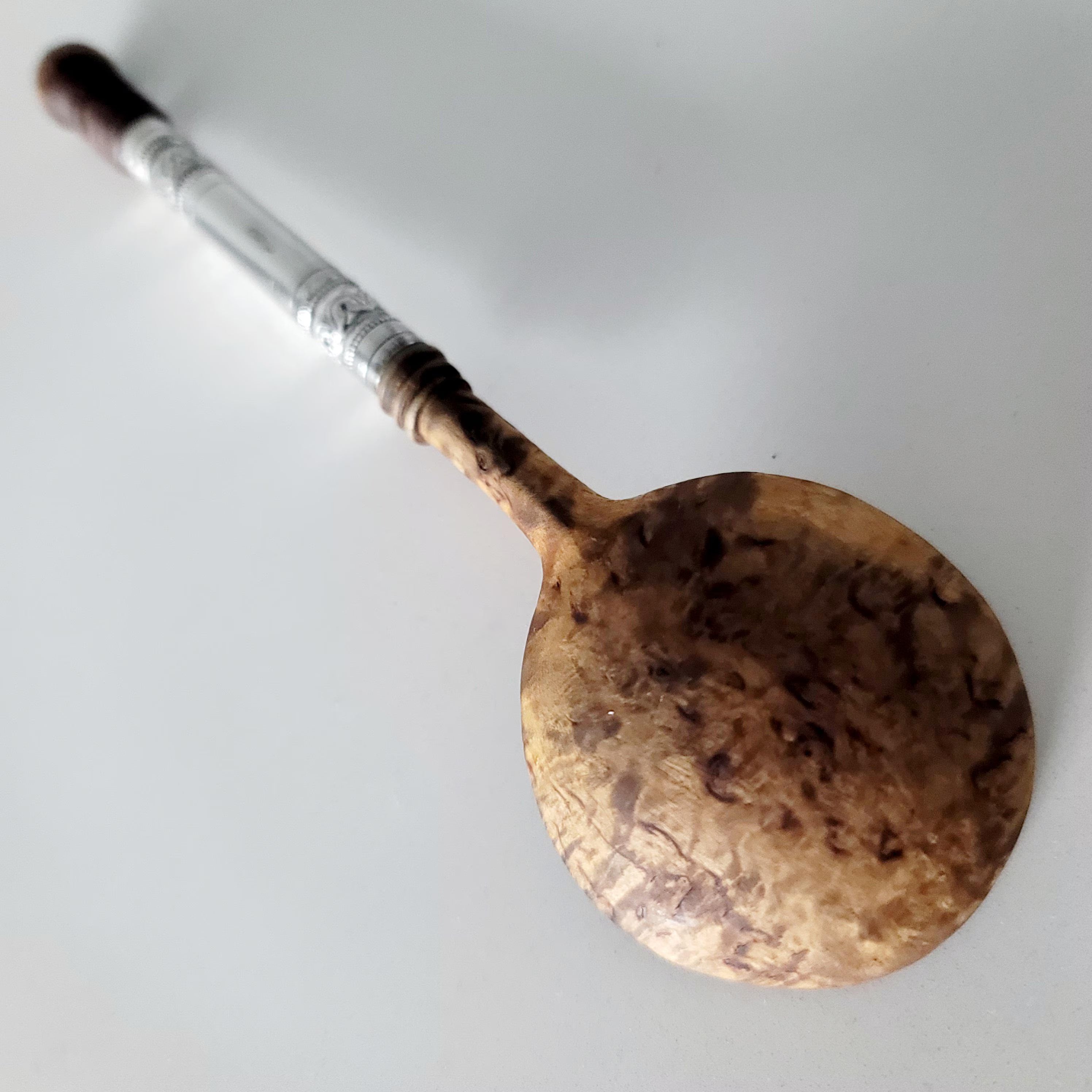 Antique Russian 84 Silver , Nicolay Kemper St. Petersburg c.1896–1908, Hand-Engraved  Rare Silver-Mounted Burlwood Spoon No.SS125