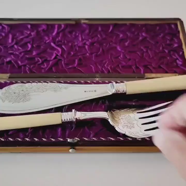 Victorian EPNS Fish Serving Set, L  W Mark, Engraved Knife & Fork, Ivorine Handles, Original Fitted Box, c.1890–1910 No.DS053