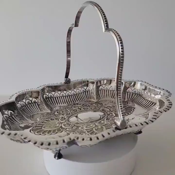 Victorian Silver Plated Basket by Barker Brothers & George Stockwell, Pierced Rococo Swing Handle Dish, England c.1890  No.DS060