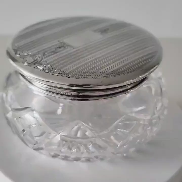 Vintage Birks Sterling Silver & Cut Crystal Vanity Jar: Art Deco Powder Jar No.SS089