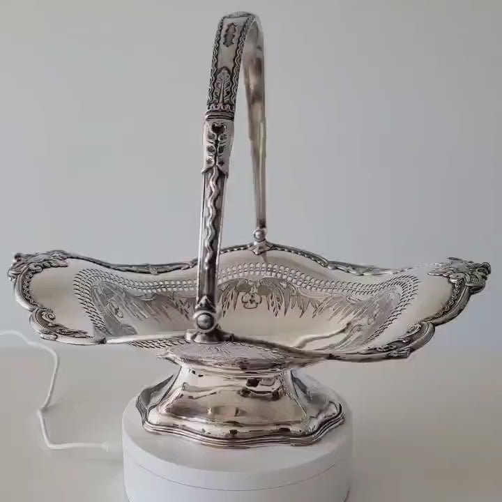 Antique James Dixon & Sons Silver Plated Basket, Royal Appointed Sheffield Silversmith, Pierced Engraved Rococo Handle Dish, c.1880sNo.DS059