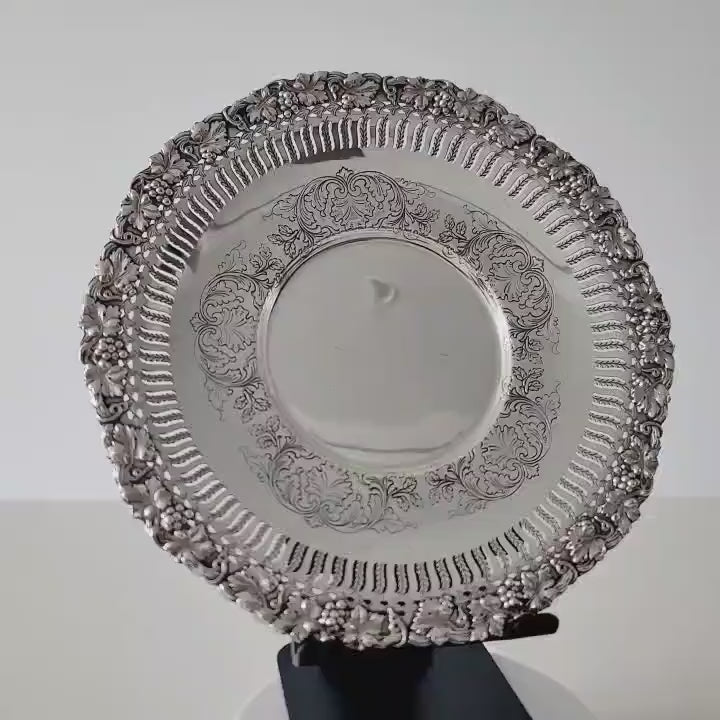 Sheffield Style Silver Plate: Sterling Grape Border, Rococo Floral Dish.  No.SS060