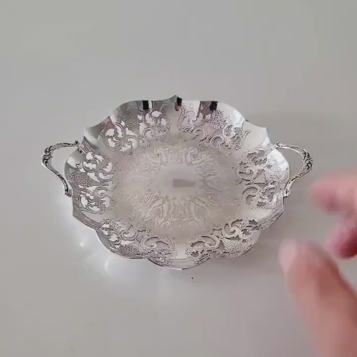 Vintage Silver Plated Pierced Bowl: Ornate Floral Engraving, E.P.C.   No.DS044
