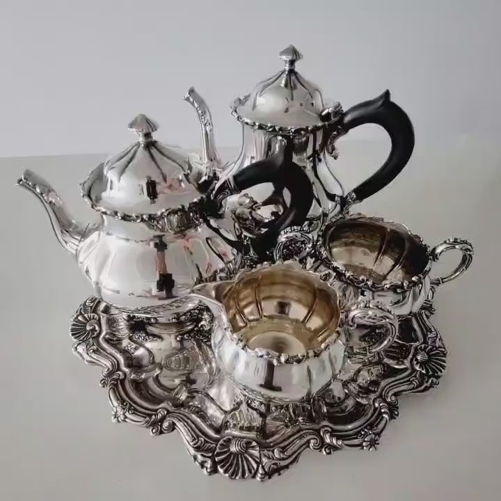 Vintage 1847 Rogers Brothers Copper Plated Silver 5 Piece Tea and Coffee Service - Teapot, Coffeepot, Sugar, Creamer (35cm Tray)  No.DS056