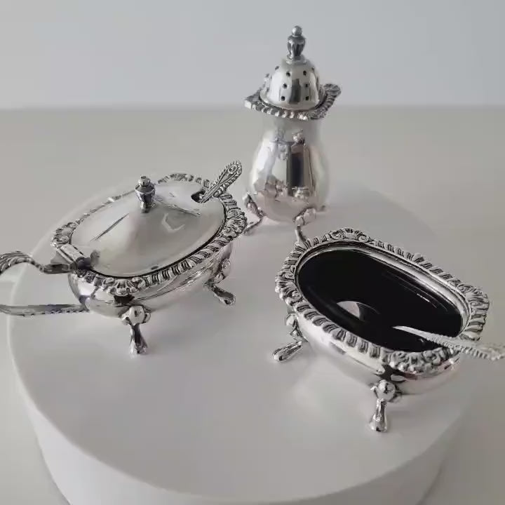 Antique Sterling Silver Condiment Set: Birmingham 1928, Blue Glass Liner, Original Box. No.SS077