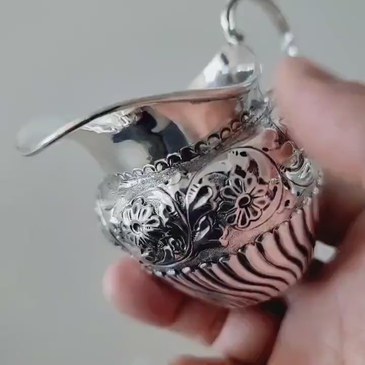 Victorian Sterling Silver Cream Jug: Rococo Floral Repoussé, Birmingham 1889 No.SS098