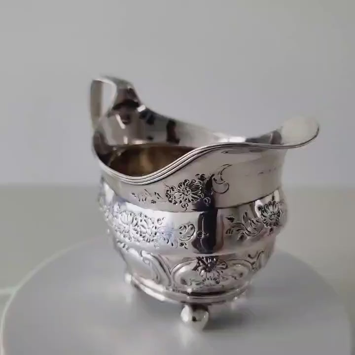 Antique Sterling Silver Cream Jug: 1808 George III London, Hand-Engraved Floral No.SS095
