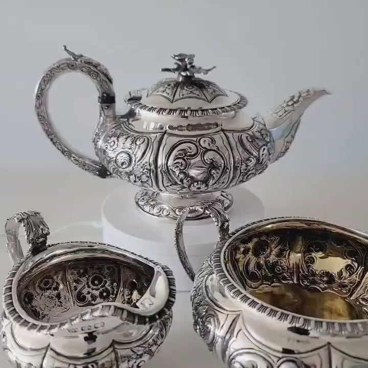 1823 London Sterling Silver Tea Set by William Chawner II – Georgian Repoussé Floral Teapot, Sugar & Creamer, 1384g Total Weight No.SS114