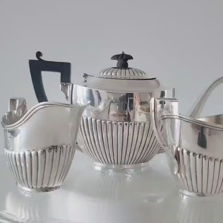 Antique Birks Sterling Silver Tea Set: Ribbed Art Deco Design. No.SS031