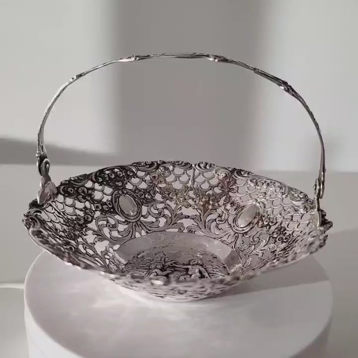 Antique German 800 Silver Pierced Basket with Cherub Scene, Hanau Rococo Revival Filigree Sweetmeat Dish, c.1890 — No.SS123