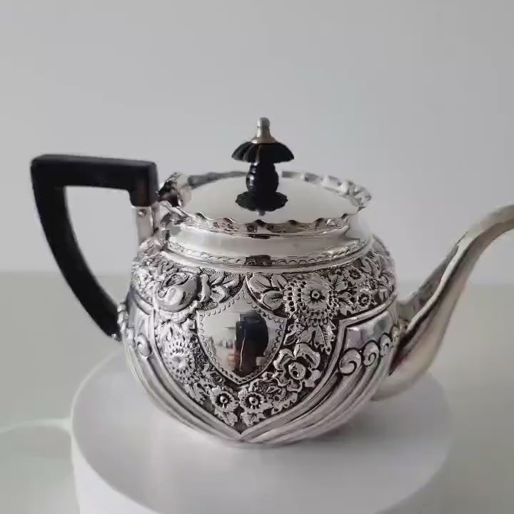 Antique Sterling Silver Teapot: 1896 Victorian Floral Repoussé, George Maudsley Jackson No.SS094